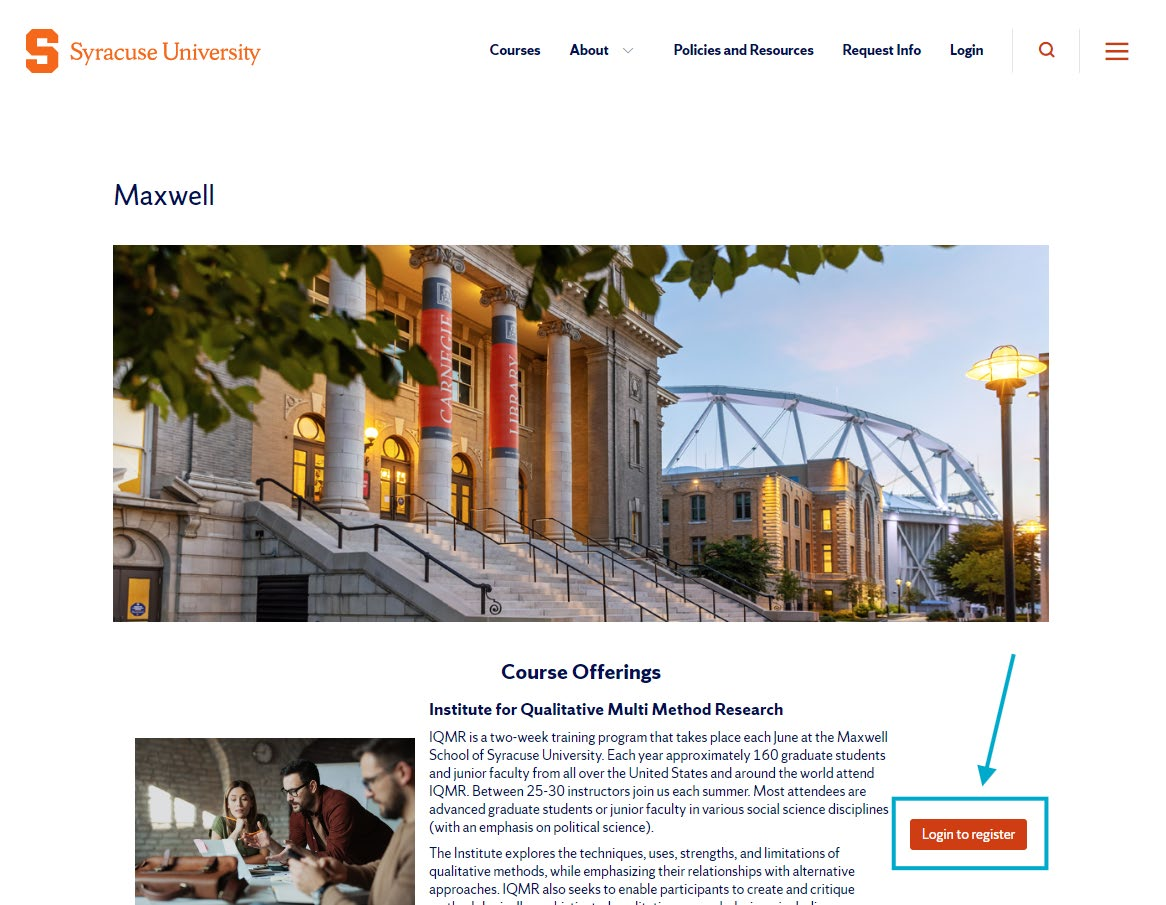Course offerings page showing Login to register button