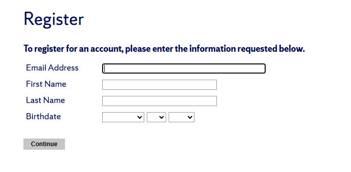 Register page with fields for email, name, and birthdate