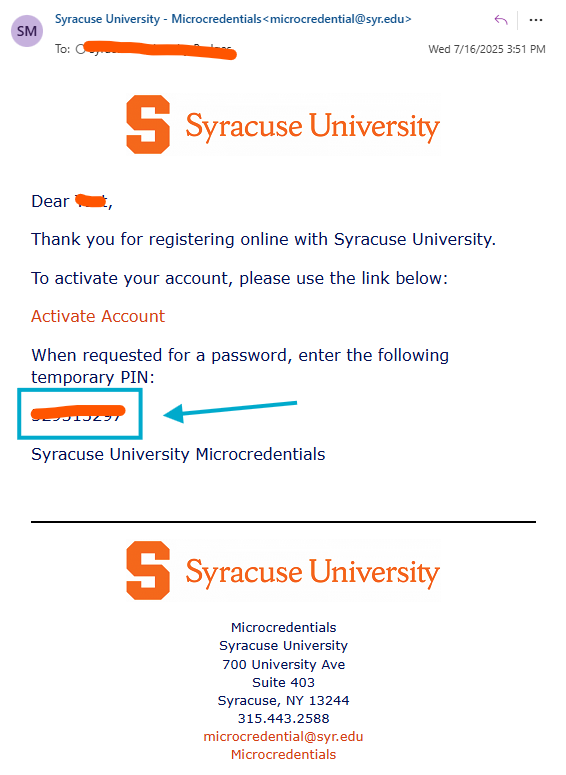 Email from Syracuse University Microcredentials containing the temporary PIN