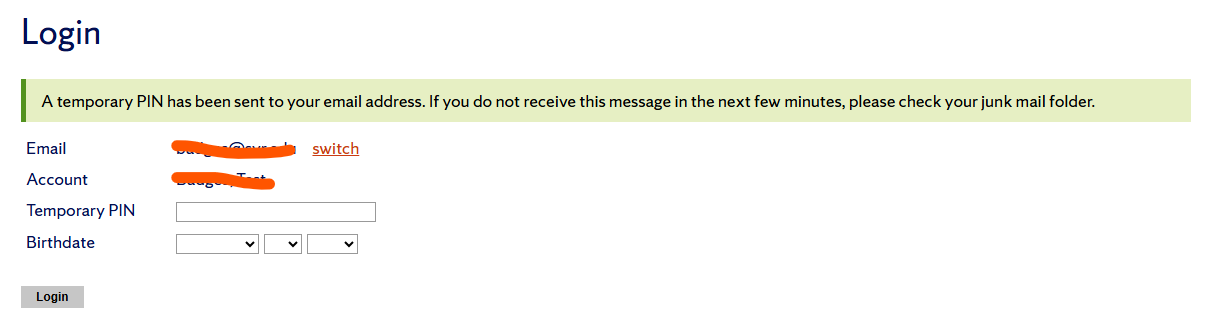 Registration page prompting for temporary PIN and birthdate