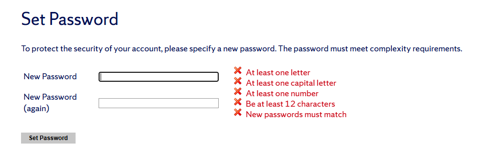 Set password page with complexity requirements