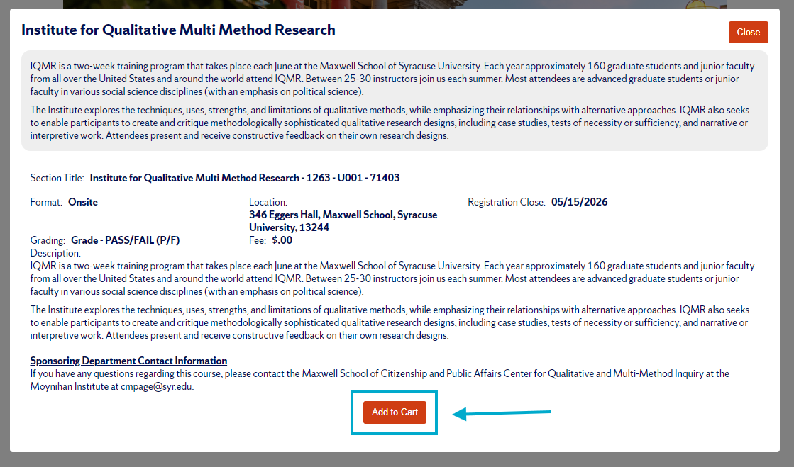 Course detail popup with Add to Cart button at the bottom