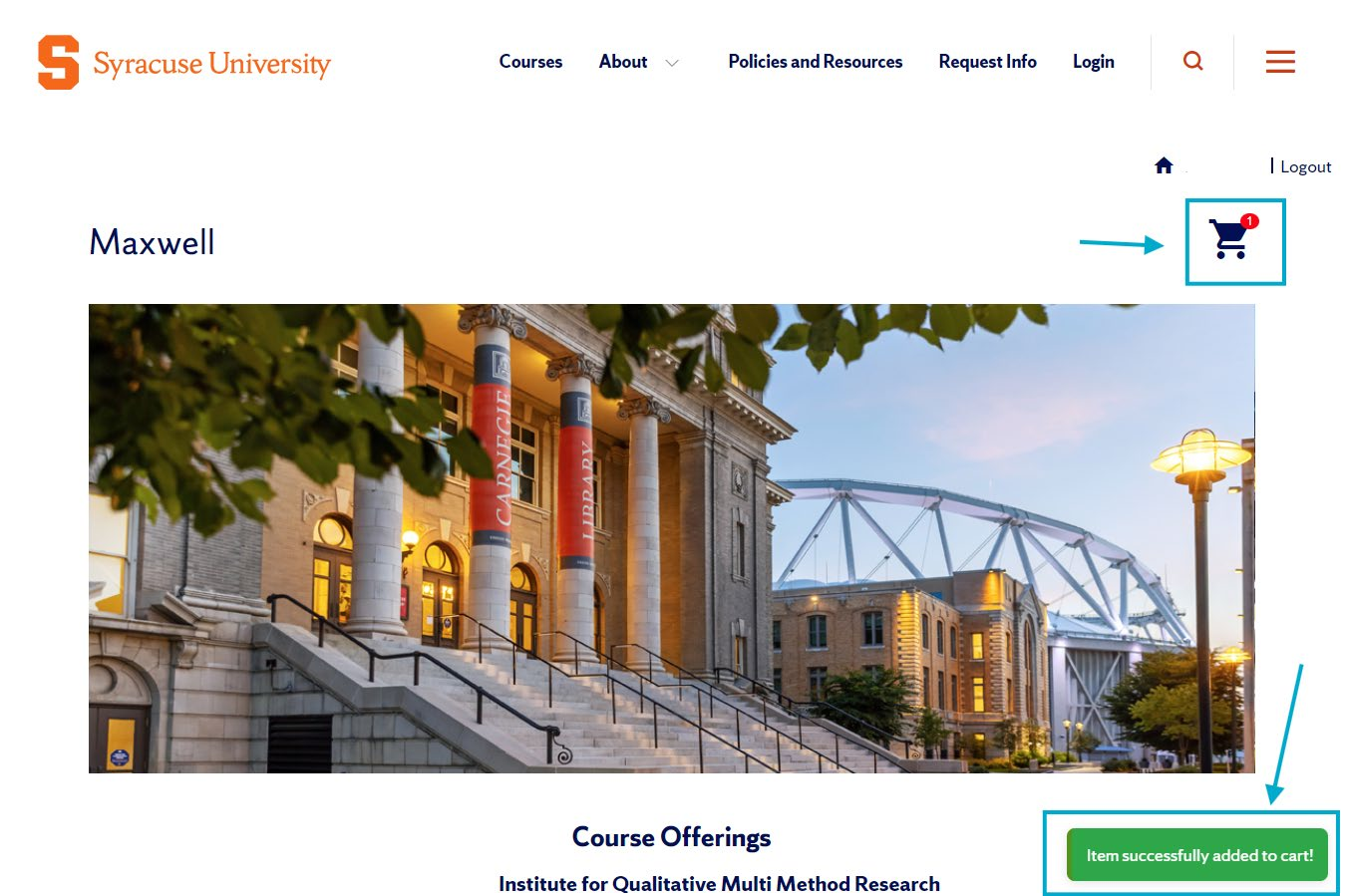 Green confirmation banner and shopping cart icon highlighted