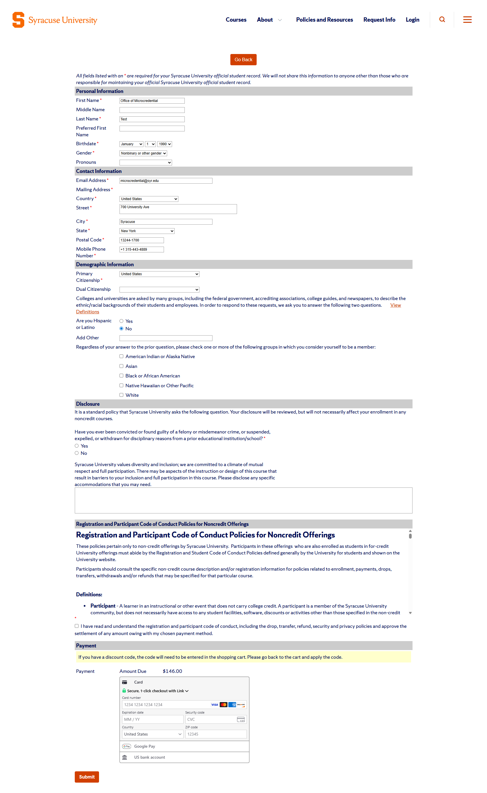 Final registration form with required fields and Submit button